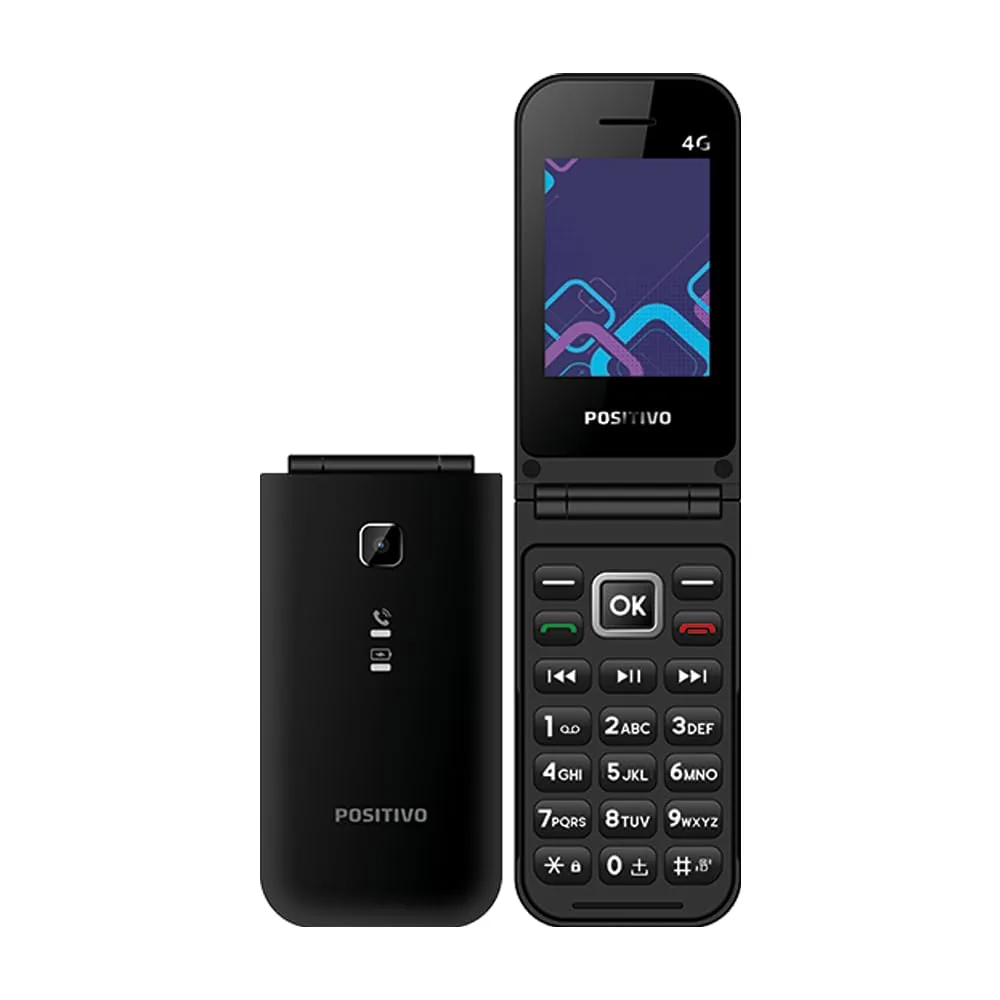 Celular POSITIVO P51, Flip, Função Modem, 4G, Câmera Traseira, Tela 2,4” LCD, Rádio FM, Botão SOS, Dual SIM Preto | 4G, Função Modem, Câmera Traseira, Rádio FM, Botão SOS