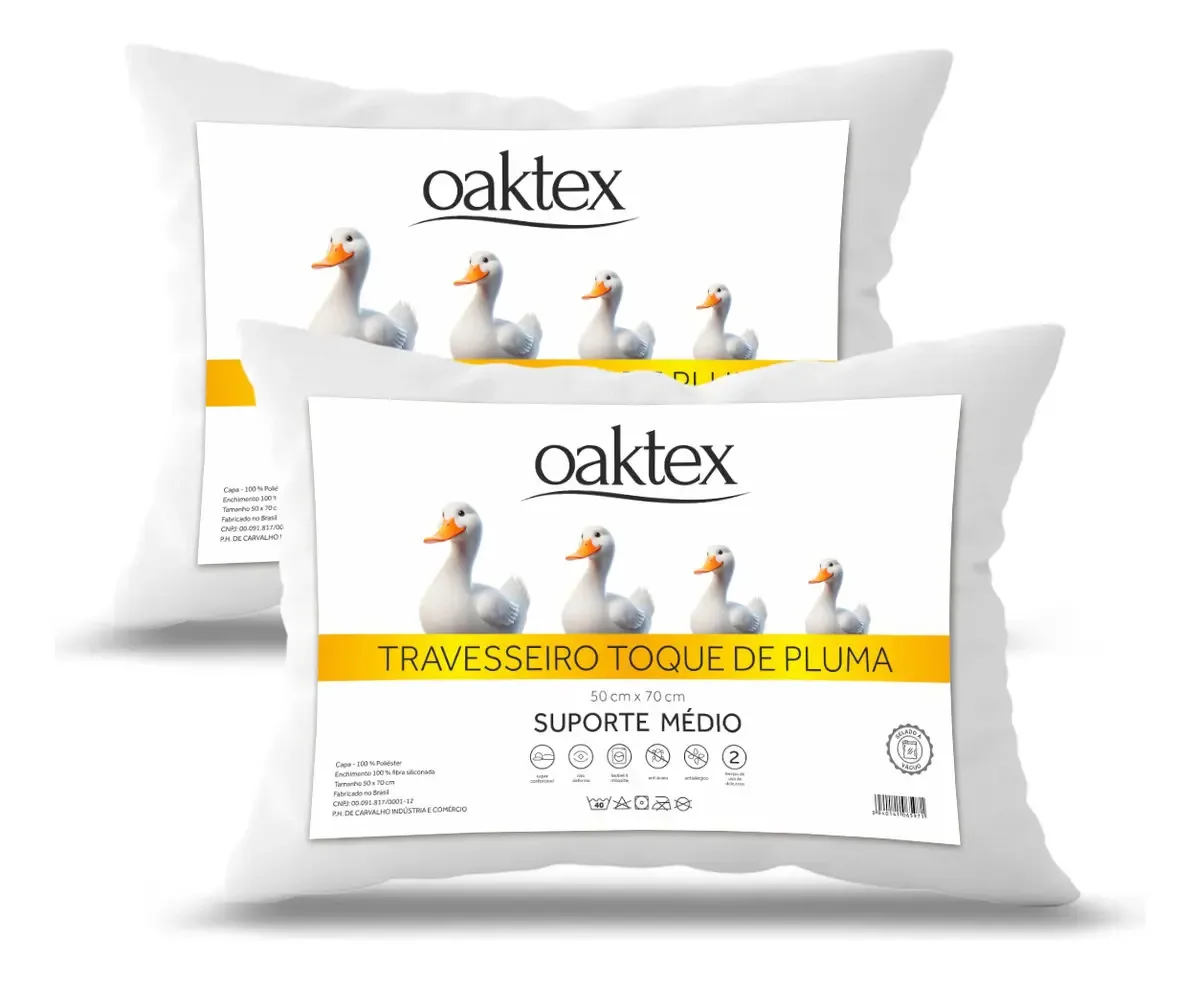 Kit 2 Travesseiros 70x50 Antialérgico Lavável Fibra Siliconada Toque de Pluma de Ganso Oaktex Cor Branco